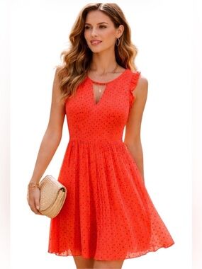 GUESS Mini Sleeves ruffles Pleated Coral Blue Chiffon Polka Dot Dress Size 2 EUC